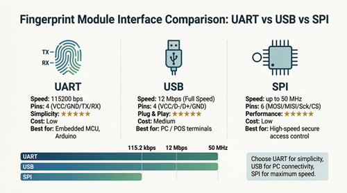 Infographic comparing the UART, USB and SPI interfaces of fingerprint modules