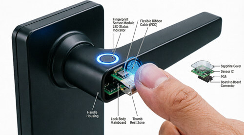 Fingerprint module integrated into a smart door lock handle